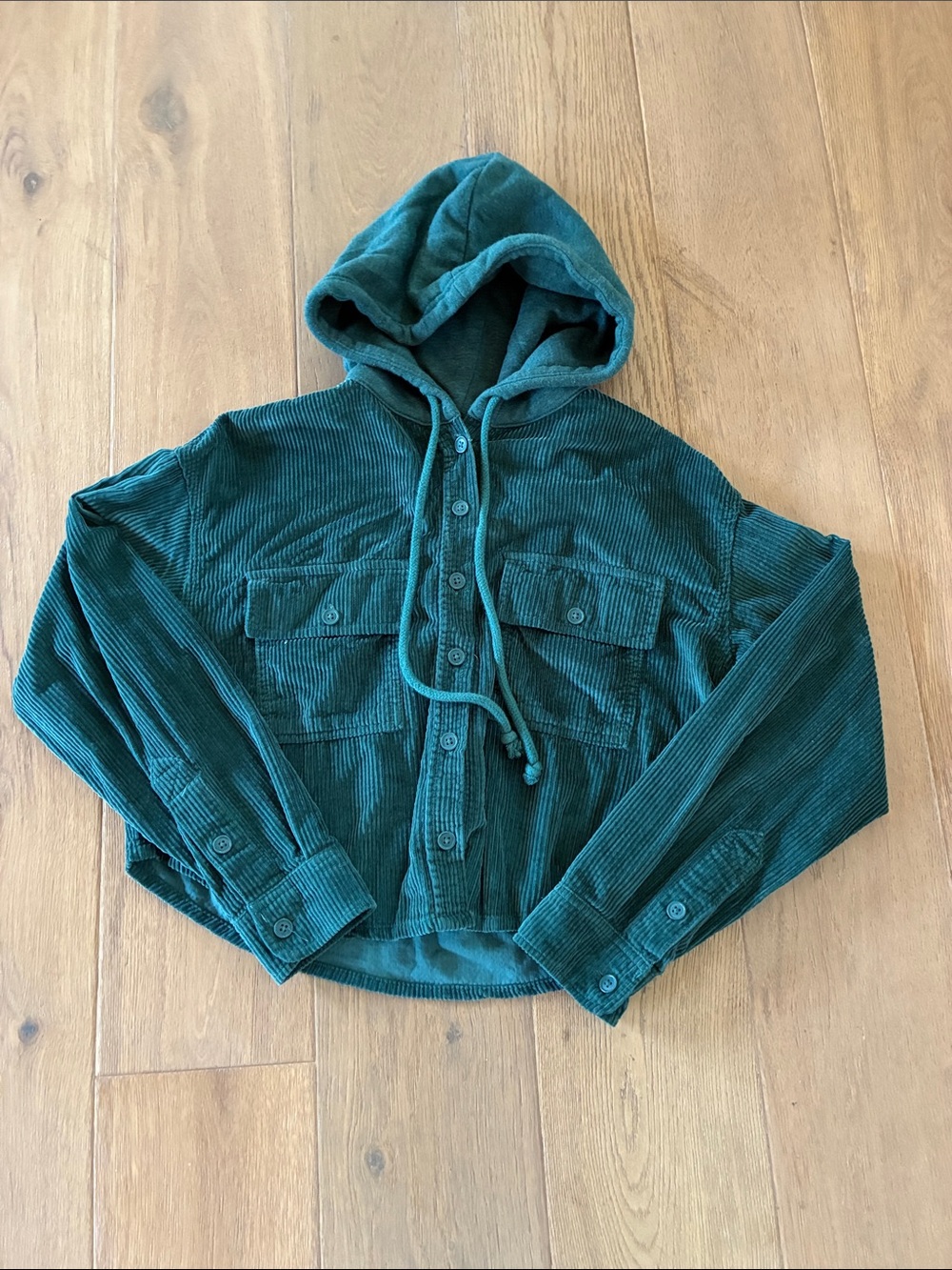 American Eagle Green Corduroy Hooded Button-Up Jacket